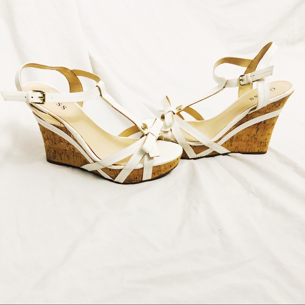 Guess White and Cream Wedge Heels with Bow Size 10